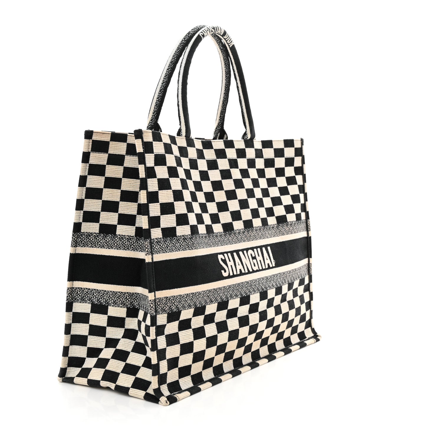 Canvas Embroidered Checkered Book Tote Black White