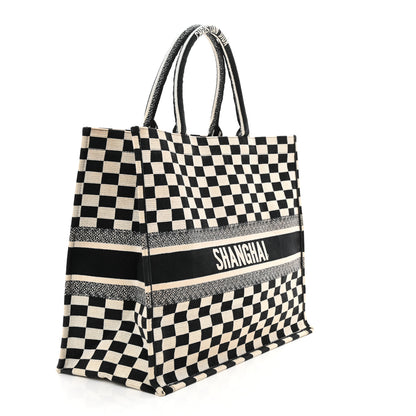 Christian Dior Canvas Embroidered Checkered Book Tote Black White 3 of 21