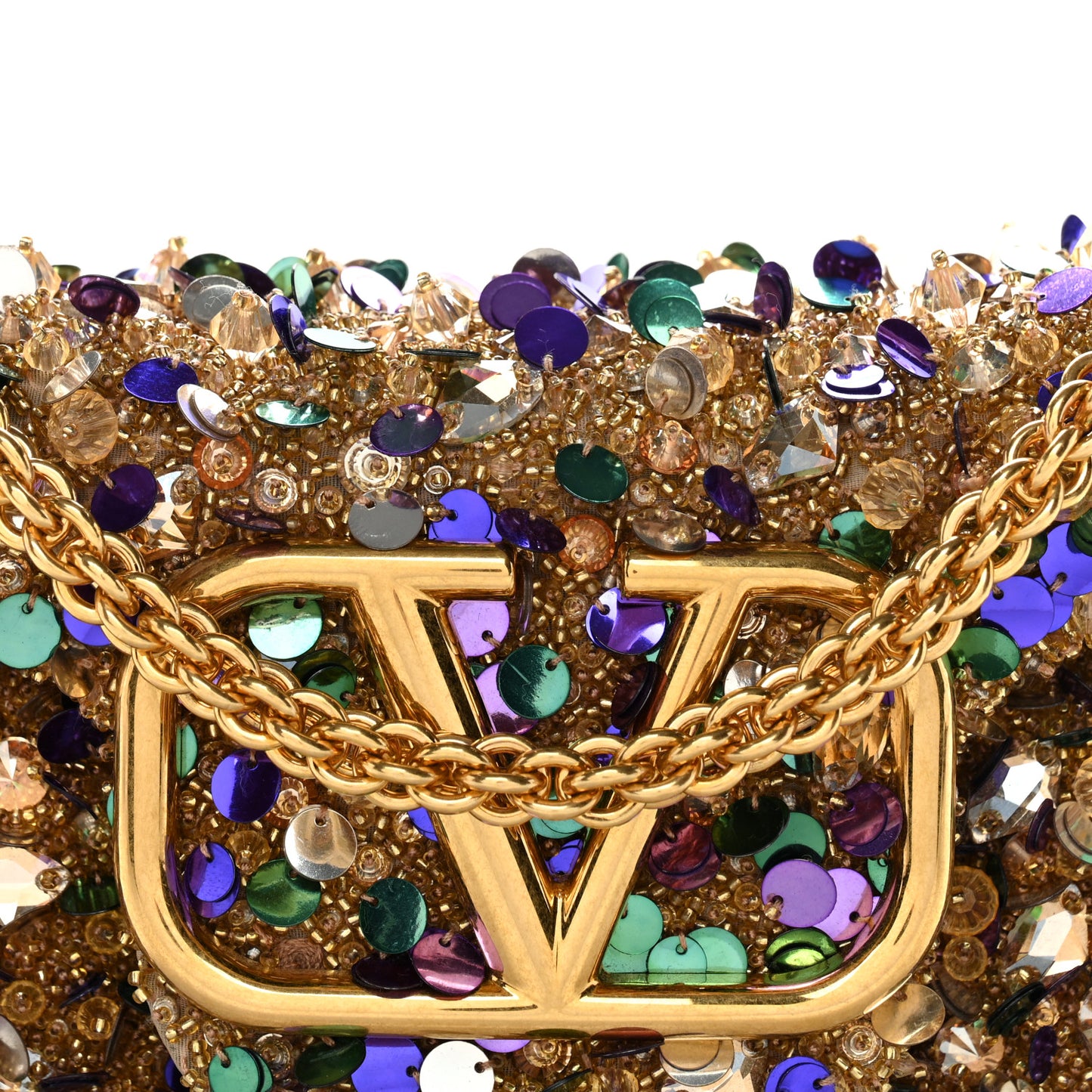 Sequin Crystal Vlogo Embroidered Small Loco Shoulder Bag Gold Multicolor
