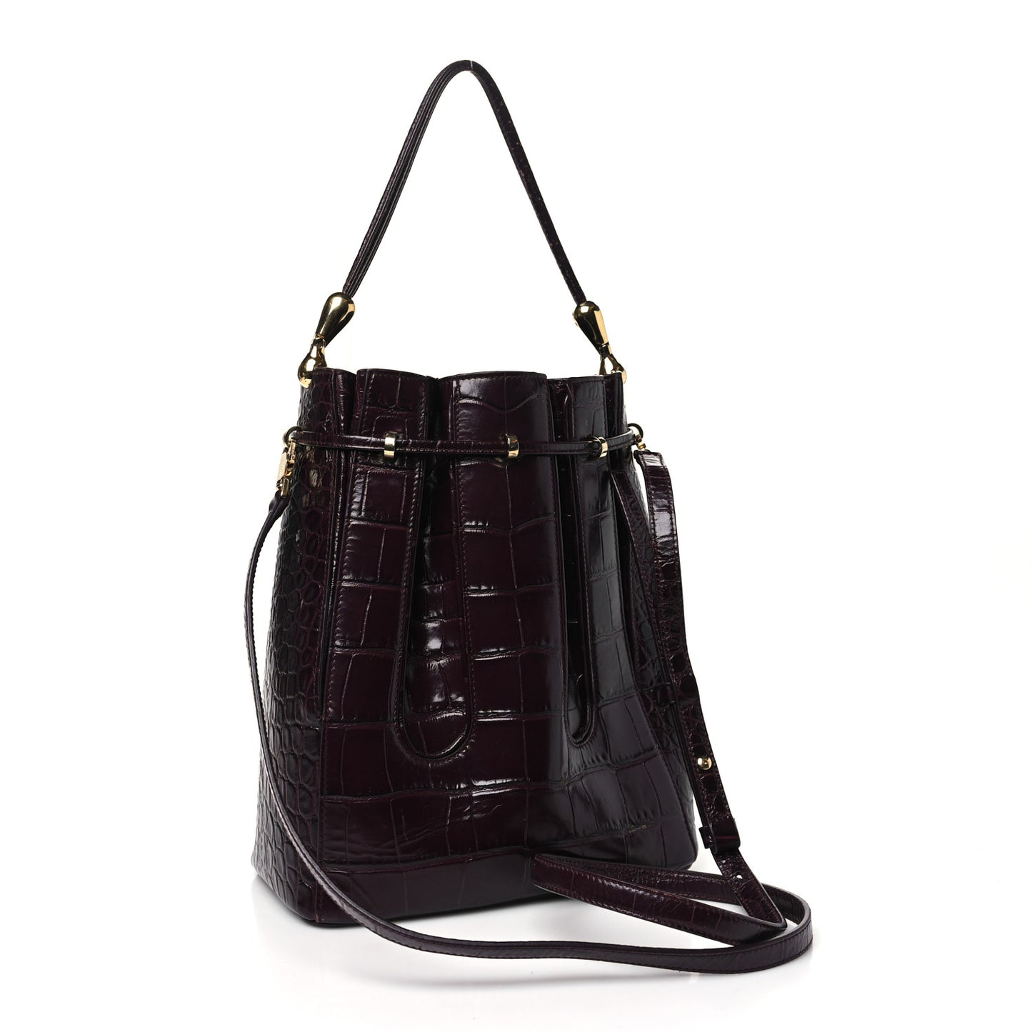 Calfskin Crocodile Embossed Bucket Bag Bordeaux