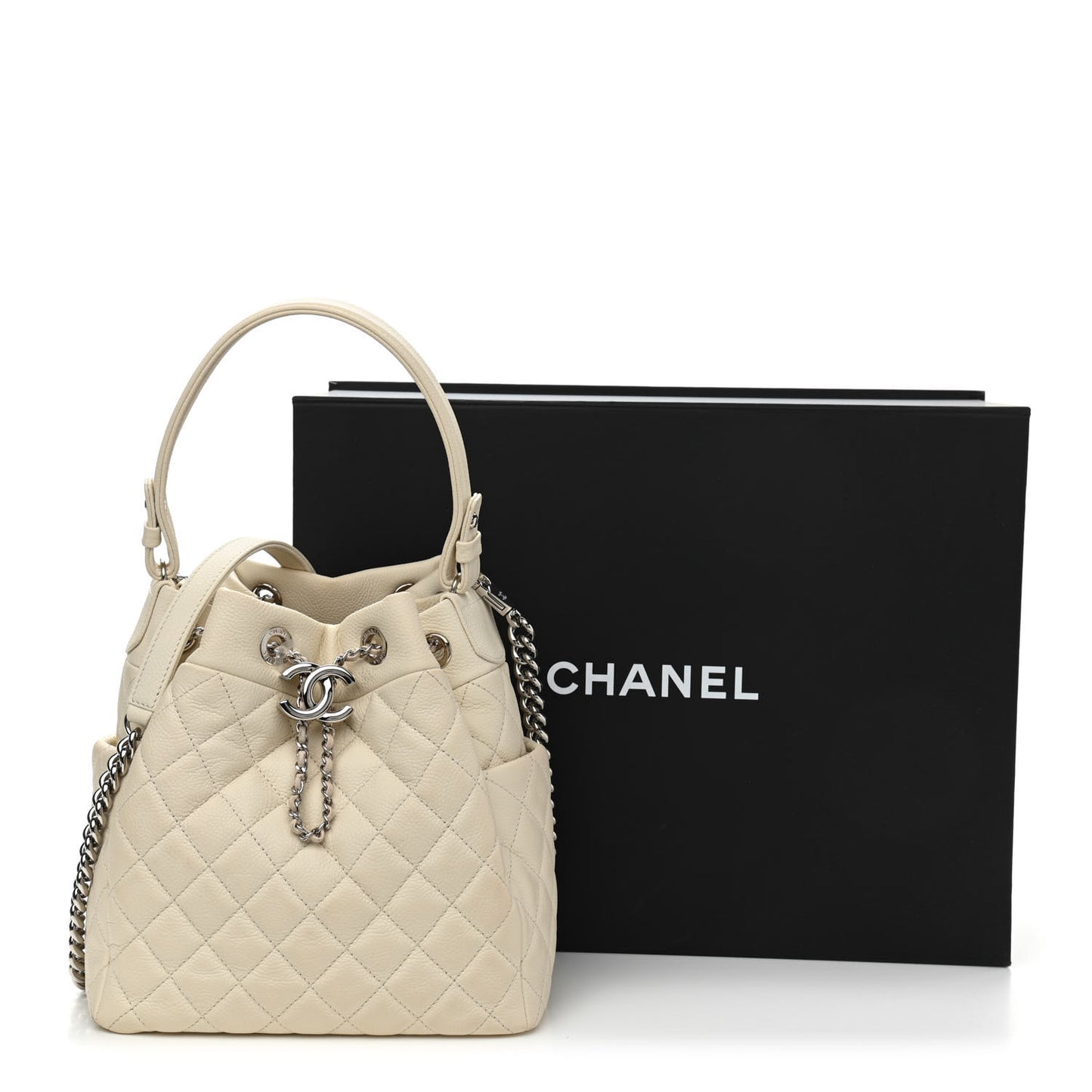 Caviar Flat Quilted CC Chain Bucket Drawstring Bag Light Beige