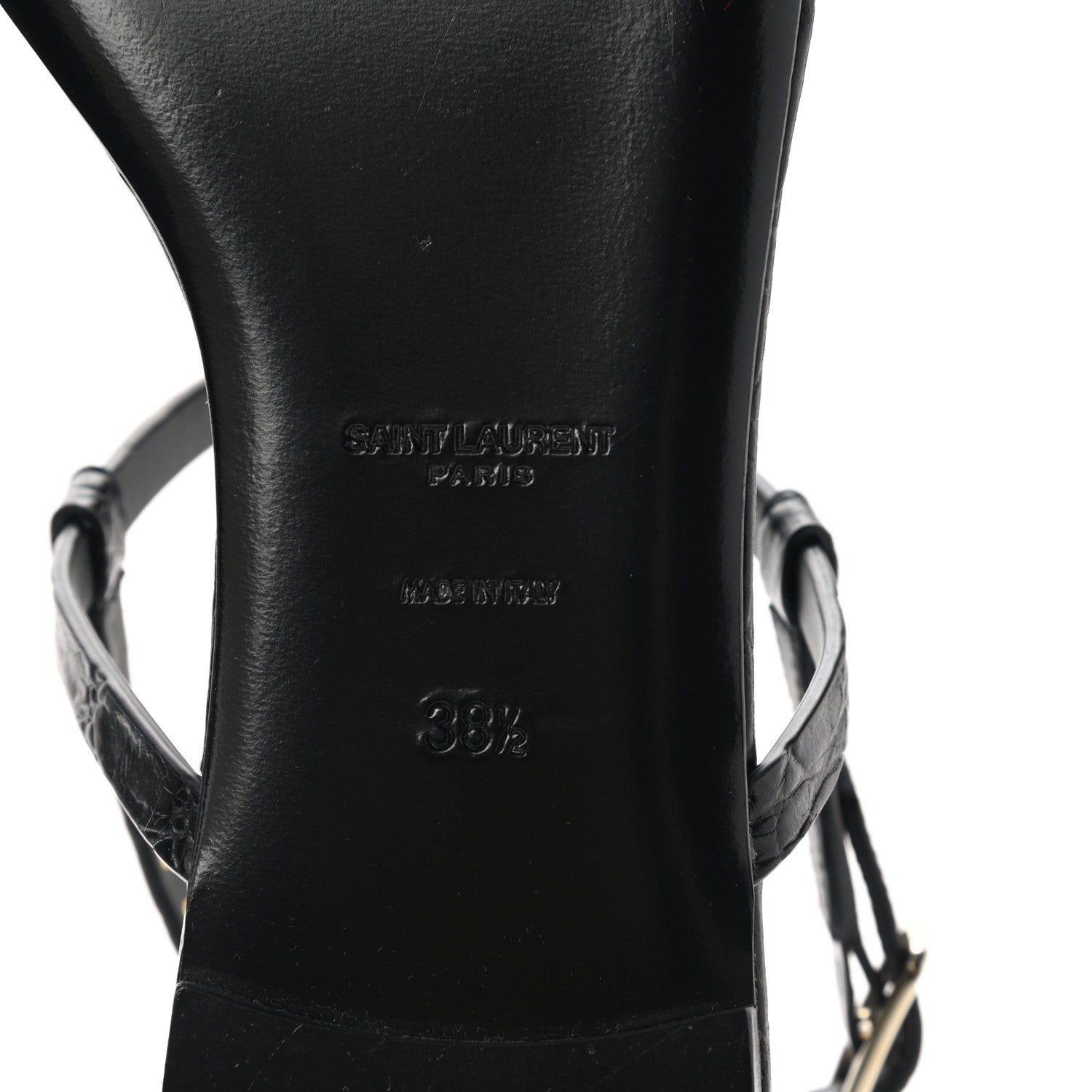 Saint Laurent Calfskin Crocodile Embossed Cassandra Monogram Sandals 38.5 Black 8 of 9