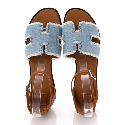 Hermes Denim Fringe Santorini Sandals 39 Bleu Clair Naturel 2 of 7