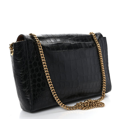 Saint Laurent Calfskin Crocodile Embossed Suede Medium Reversible Monogram Kate Satchel Military Taupe 3 of 9