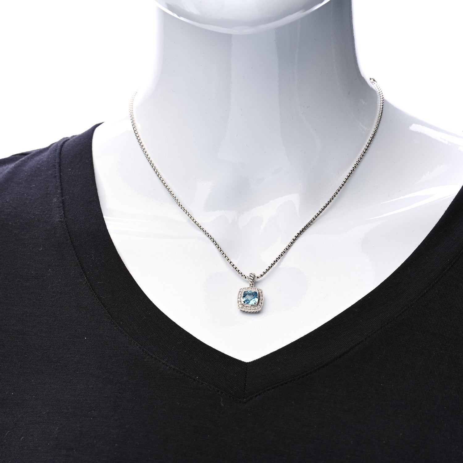 David Yurman Sterling Silver Diamond Blue Topaz 7mm Petite Albion Pendant Necklace 2 of 7