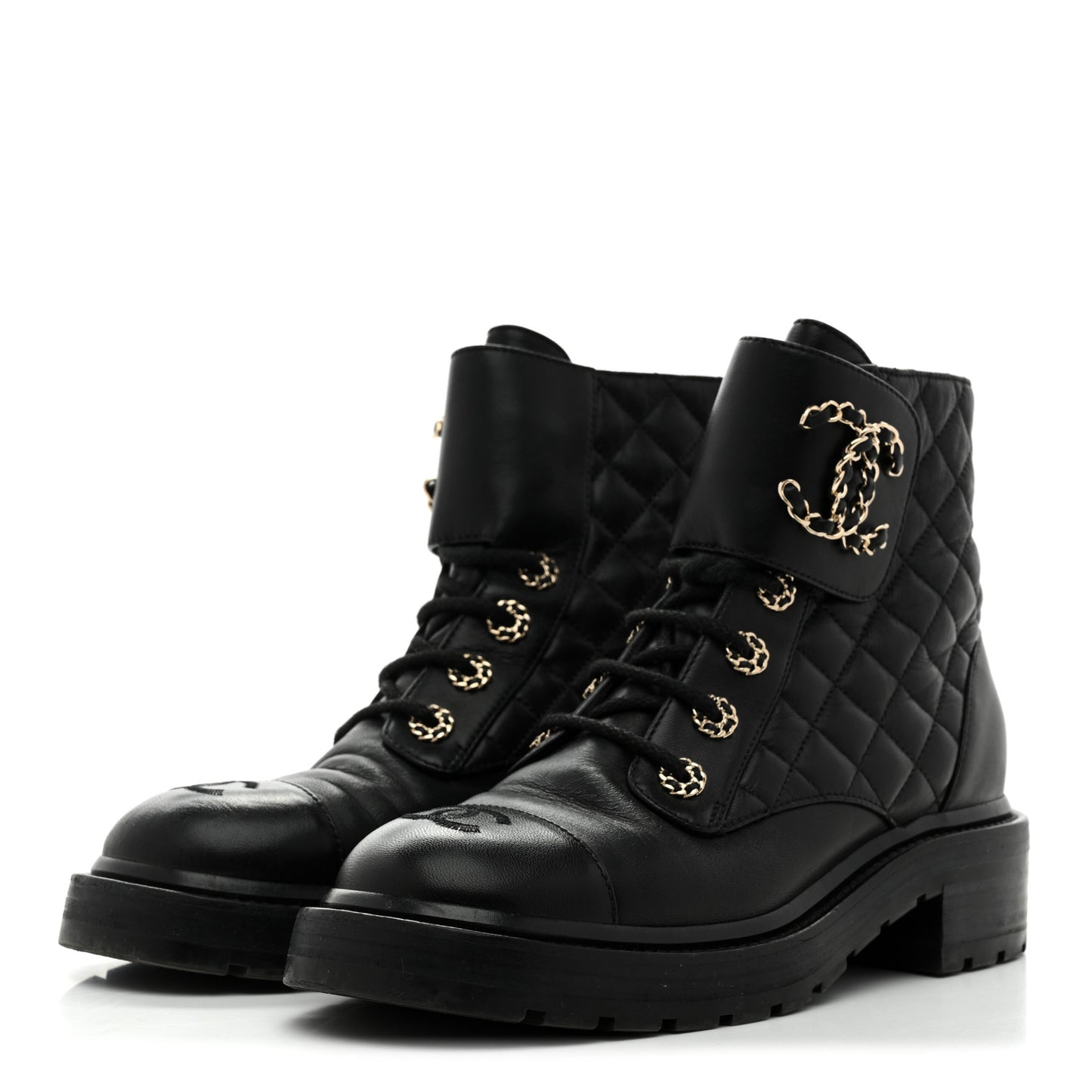 Shiny Lambskin Quilted Lace Up Combat Boots 38 Black