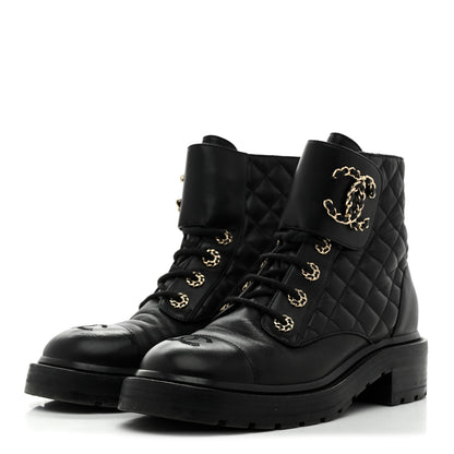 Chanel Shiny Lambskin Quilted Lace Up Combat Boots 38 Black 4 of 9