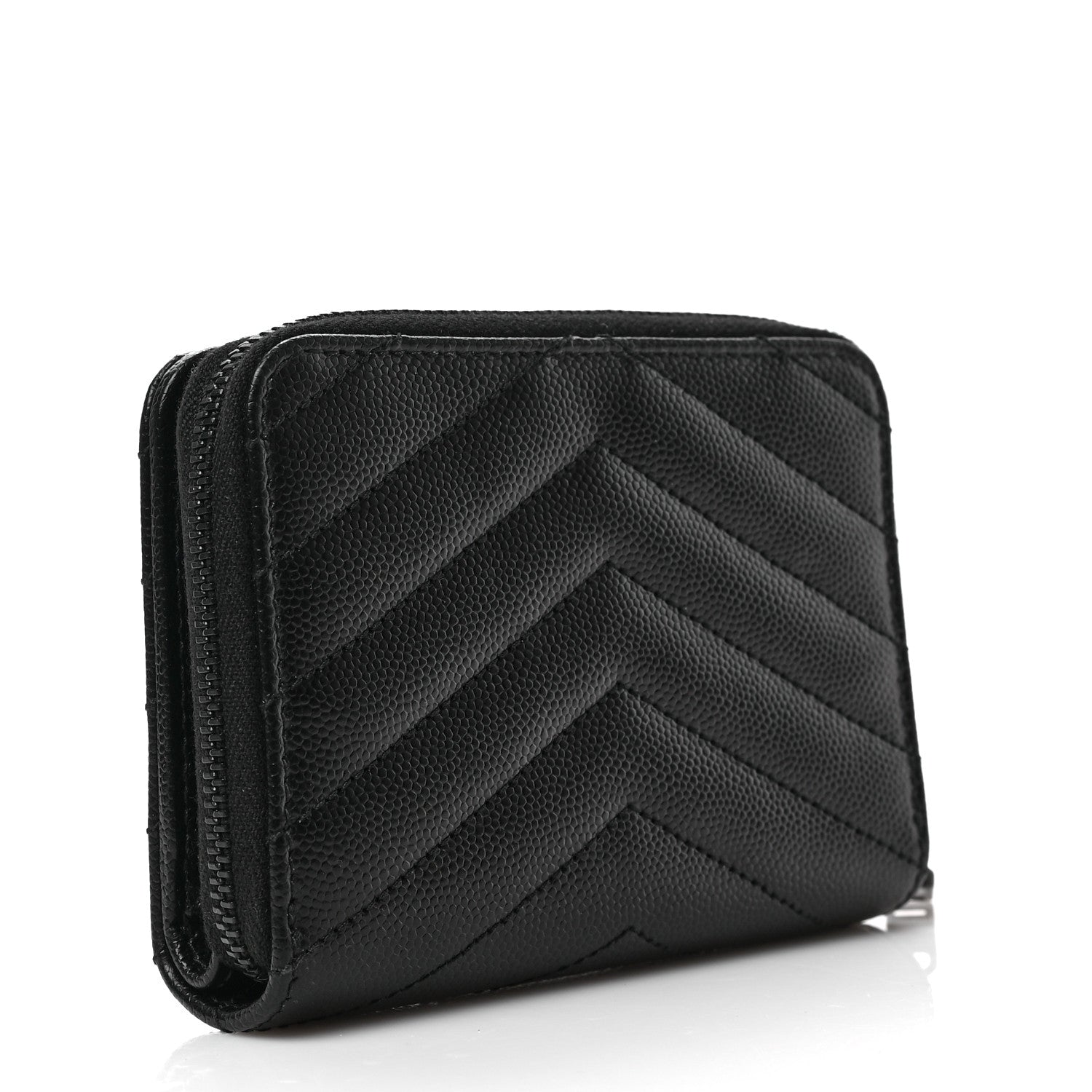 Saint Laurent Grain De Poudre Matelasse Chevron Monogram Monochrome Compact Zip Around Wallet Black 3 of 6