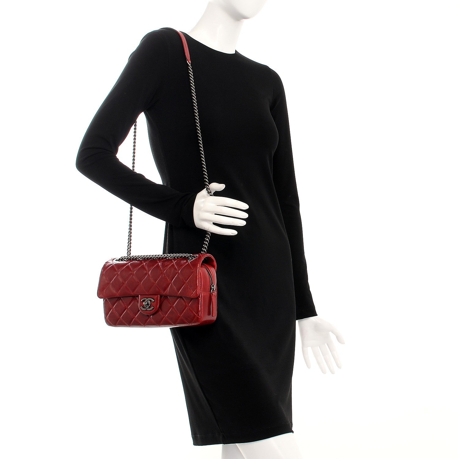 Chanel Glazed Calfskin Quilted Medium Duo Color Flap Dark Red 2 of 13