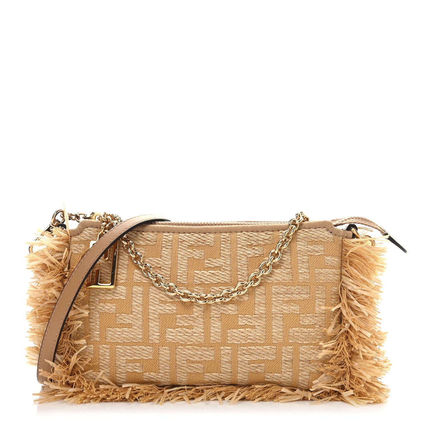 Fendi Jacquard Raffia Vitello FF Baguette Chain Pouch Beige 1 of 9