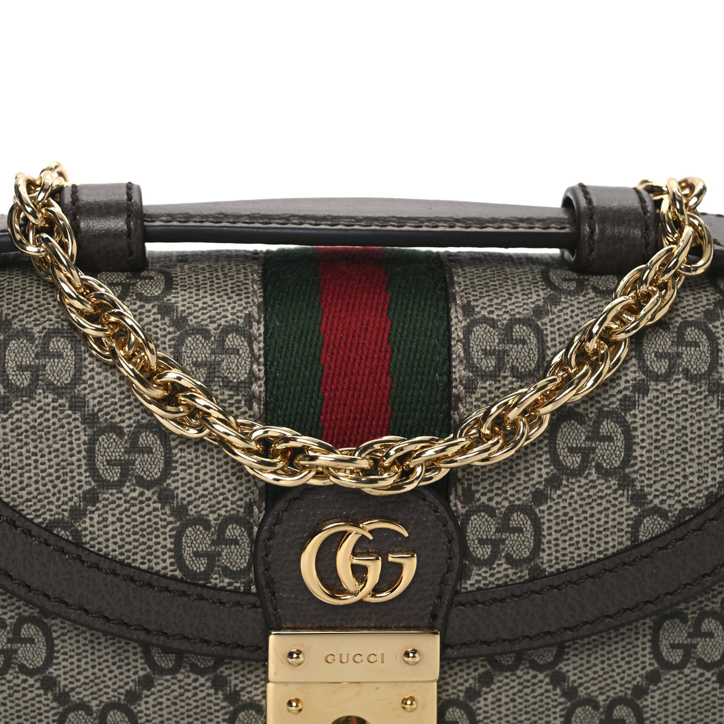 GG Supreme Monogram Textured Dollar Calfskin Web Mini Ophidia Padlock Top Handle Chain Shoulder Bag Beige Ebony New Acero