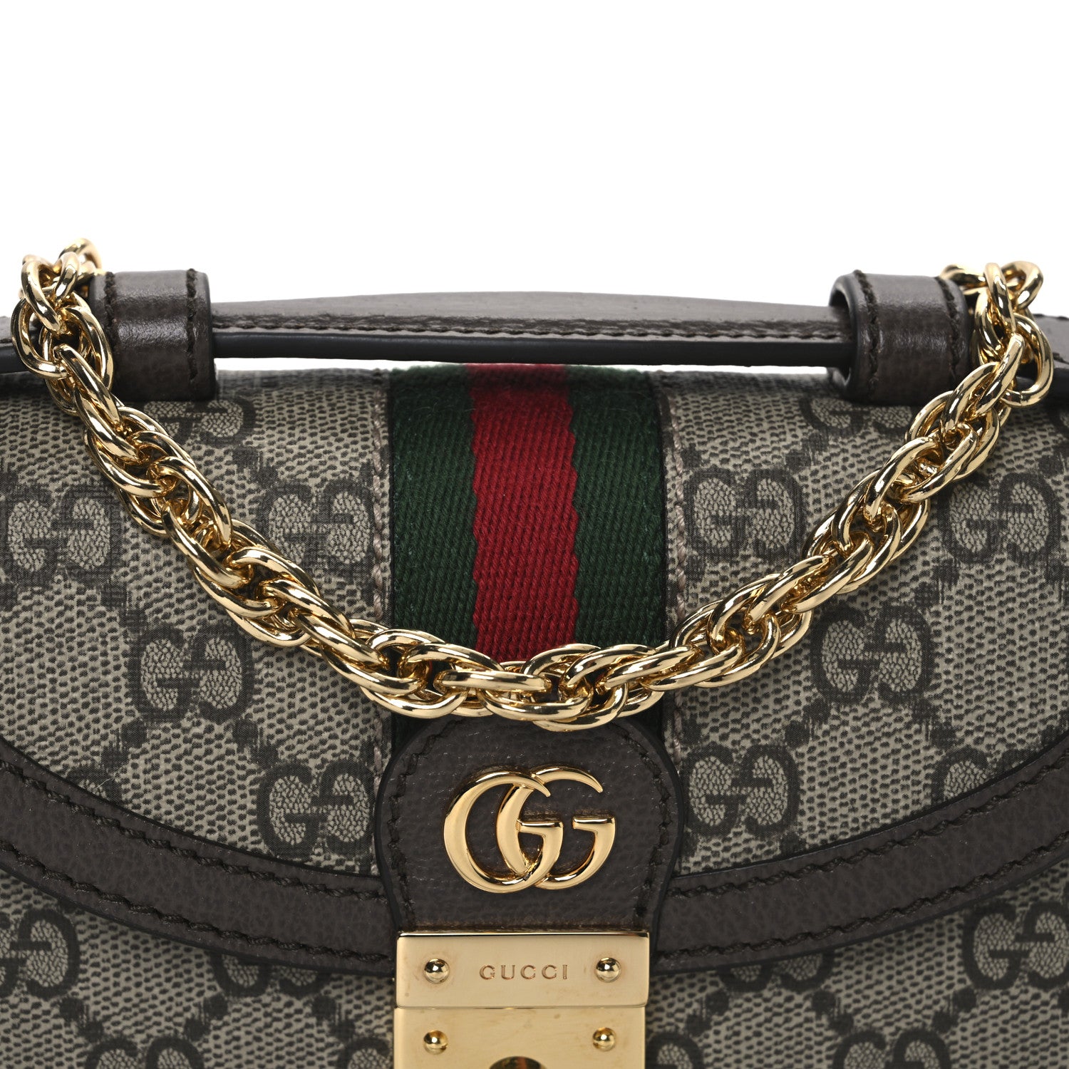 Gucci GG Supreme Monogram Textured Dollar Calfskin Web Mini Ophidia Padlock Top Handle Chain Shoulder Bag Beige Ebony New Acero 8 of 11