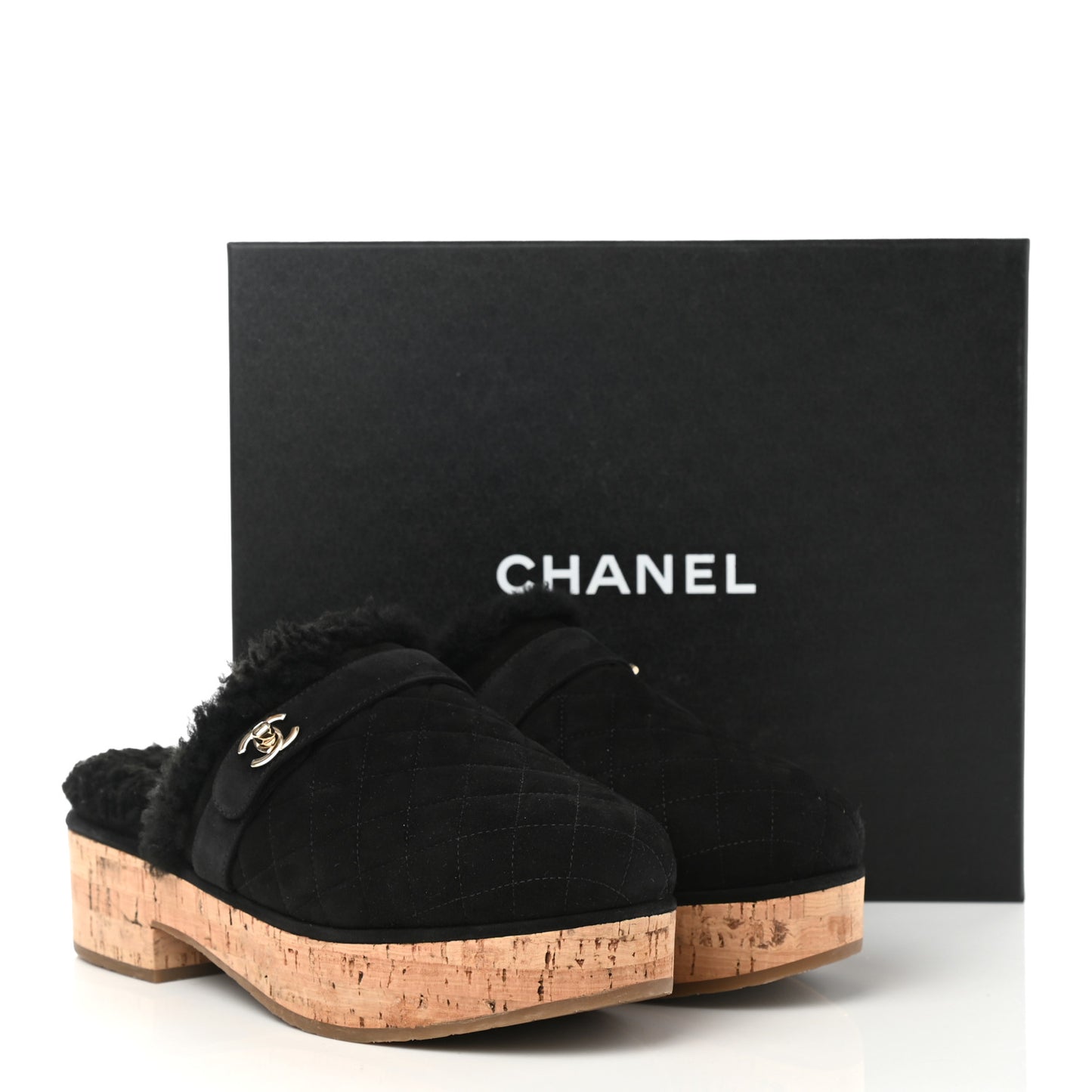 Suede Calfskin Shearling Turn Lock Clogs 39 Black