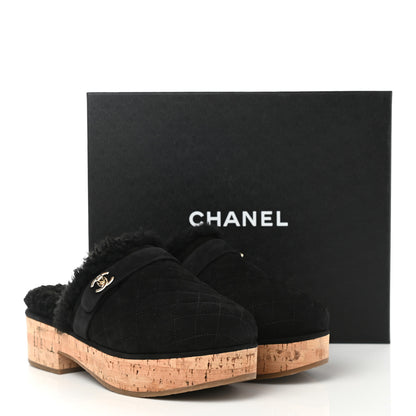 Chanel Suede Calfskin Shearling Turn Lock Clogs 39 Black 8 of 8