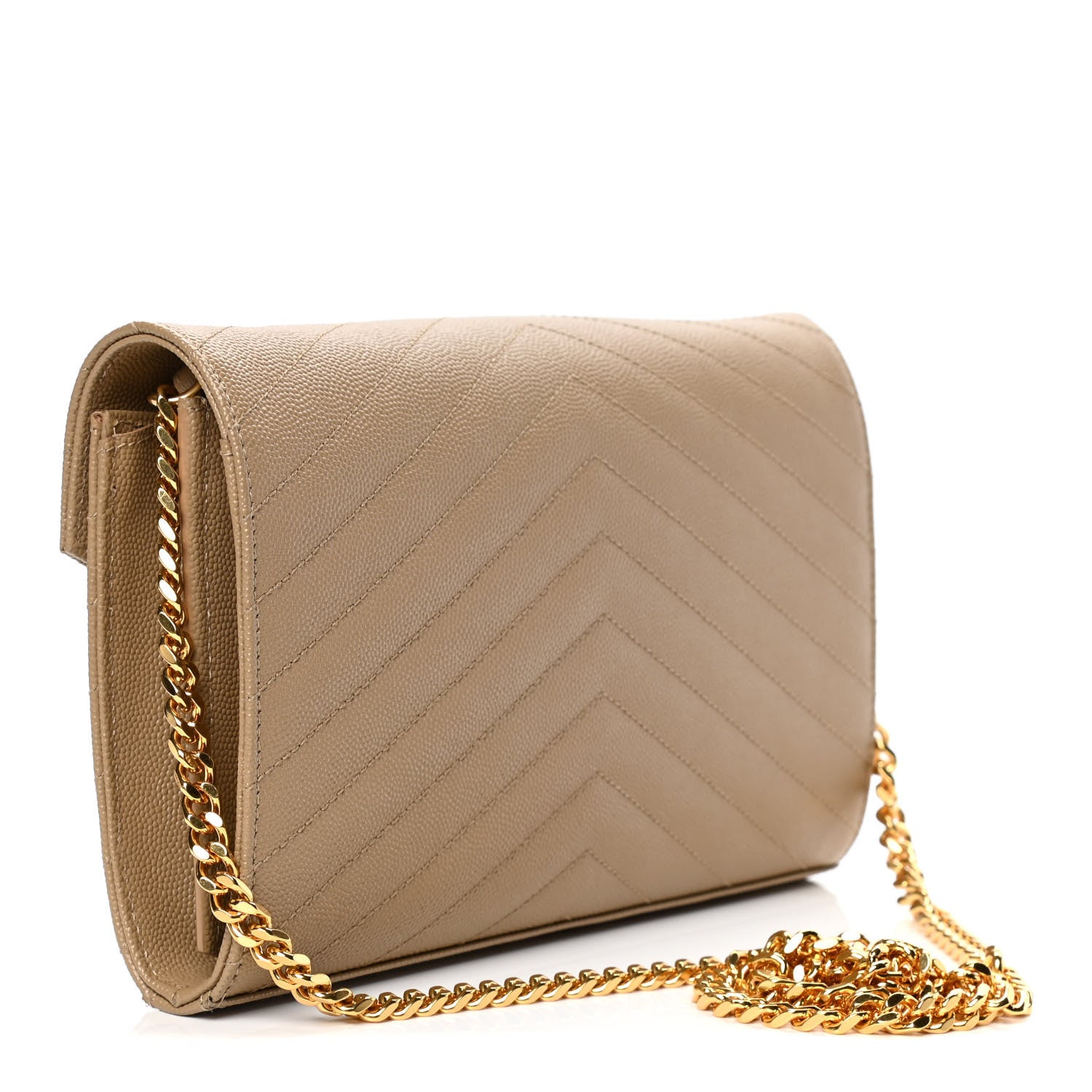Saint Laurent Grain De Poudre Matelasse Chevron Monogram Chain Wallet Dark Latte 2 of 4