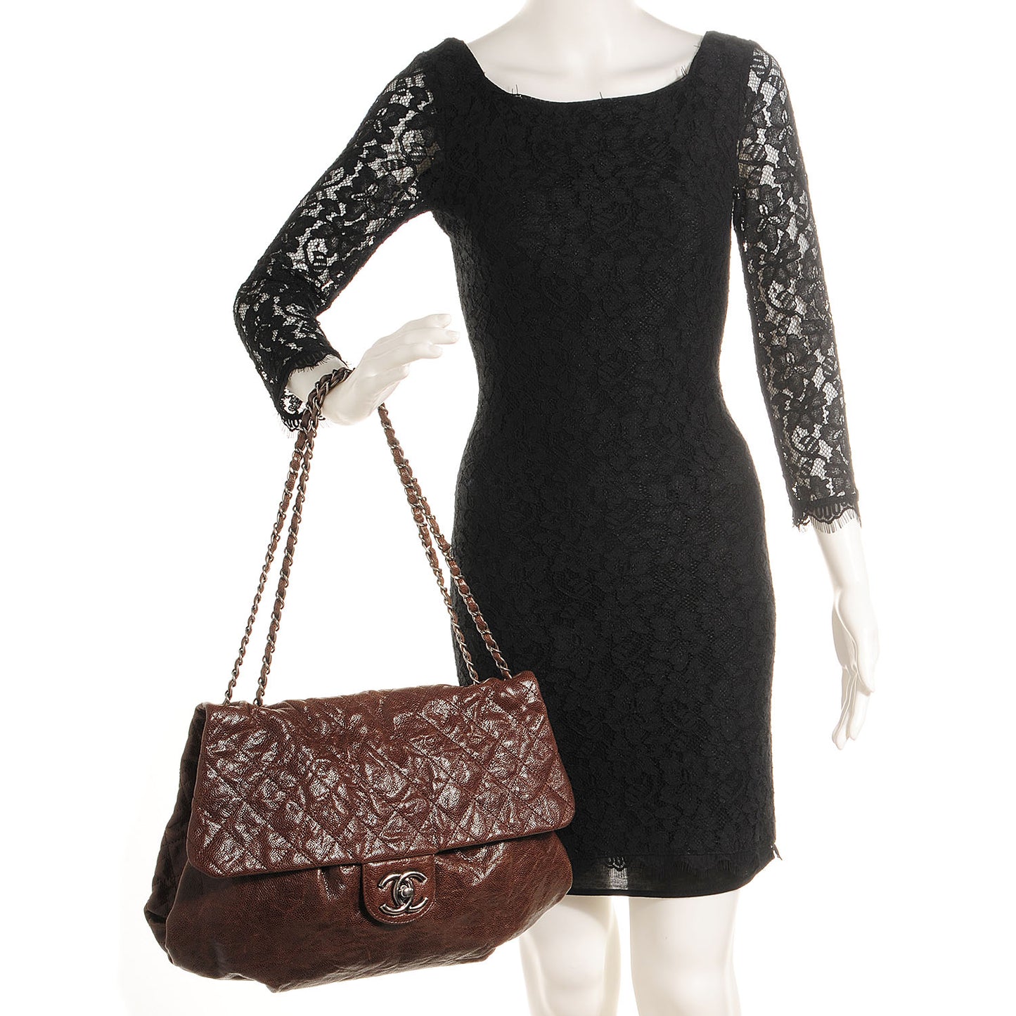 Grained Calfskin Quilted Maxi Elastic Flap Brown