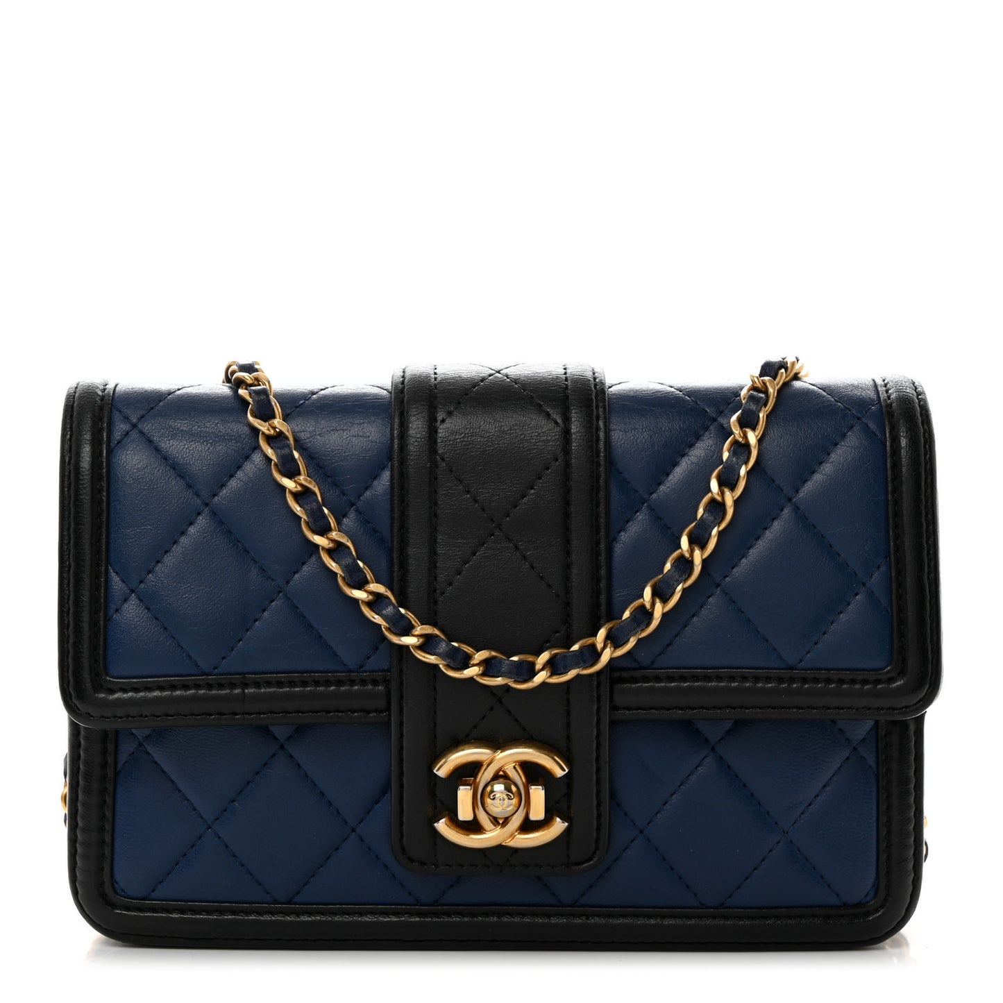 Lambskin Quilted Elegant CC Wallet On Chain WOC Blue Black