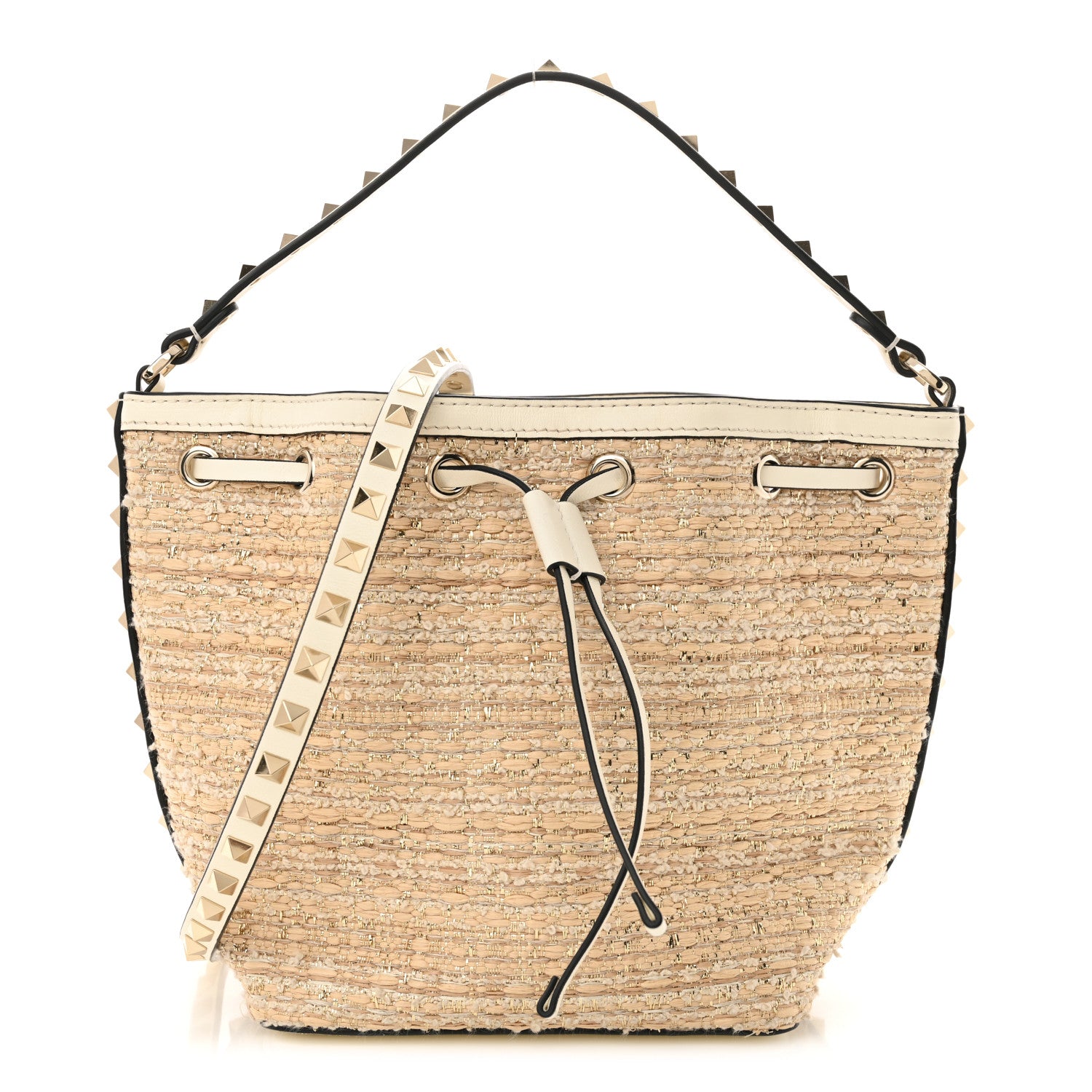 Valentino Garavani Metallic Boucle Raffia Calfskin Rockstud Drawstring Bucket Bag Ivory Gold 1 of 11