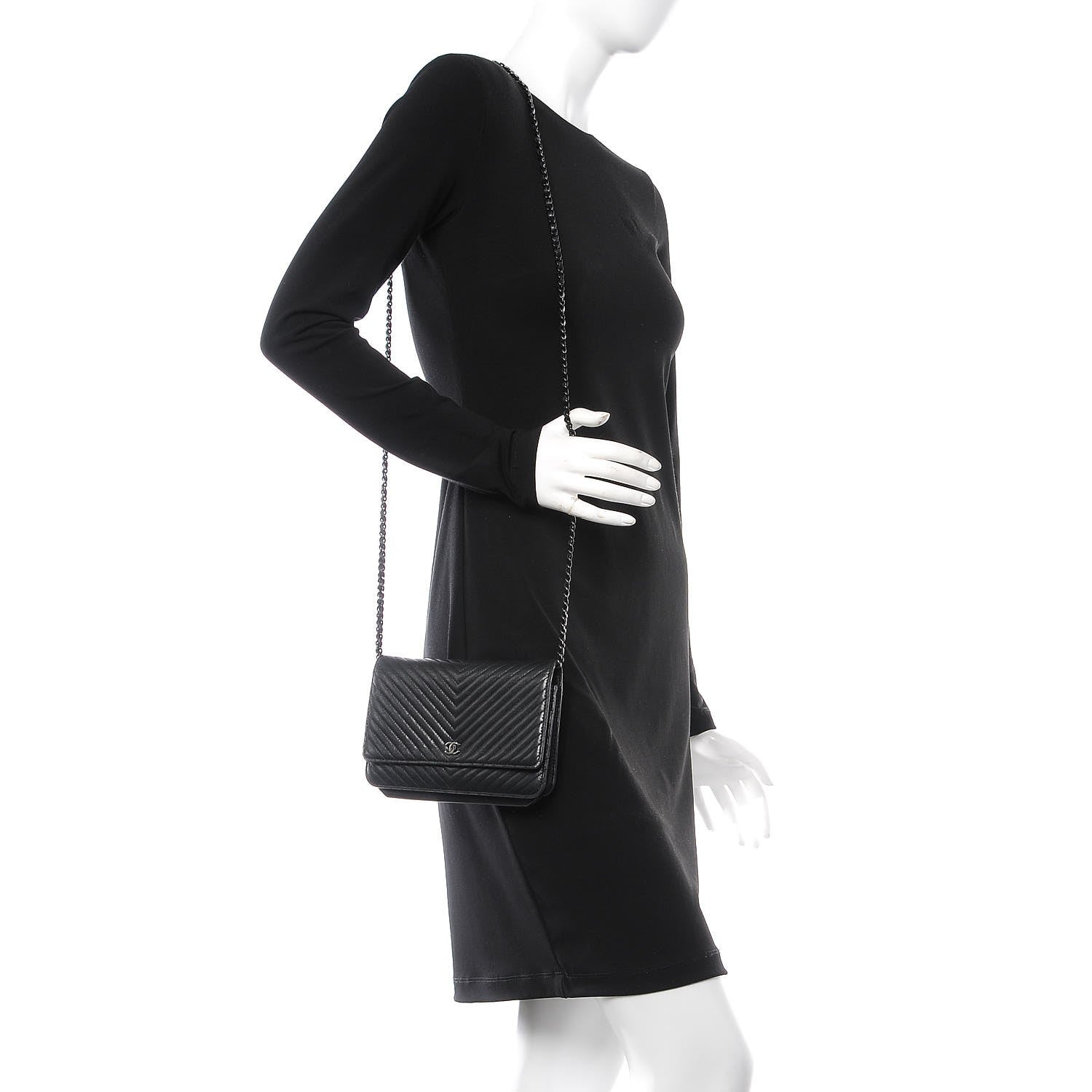 Chanel Lambskin Chevron Quilted Wallet On Chain WOC So Black 2 of 17