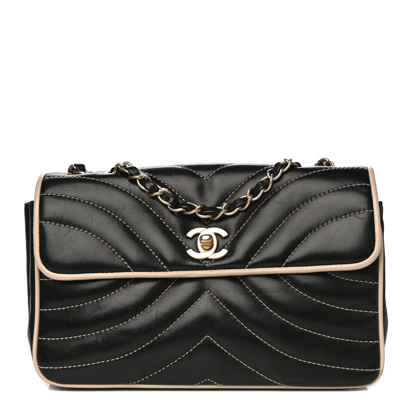 Lambskin Quilted Single Flap Bag Black Beige