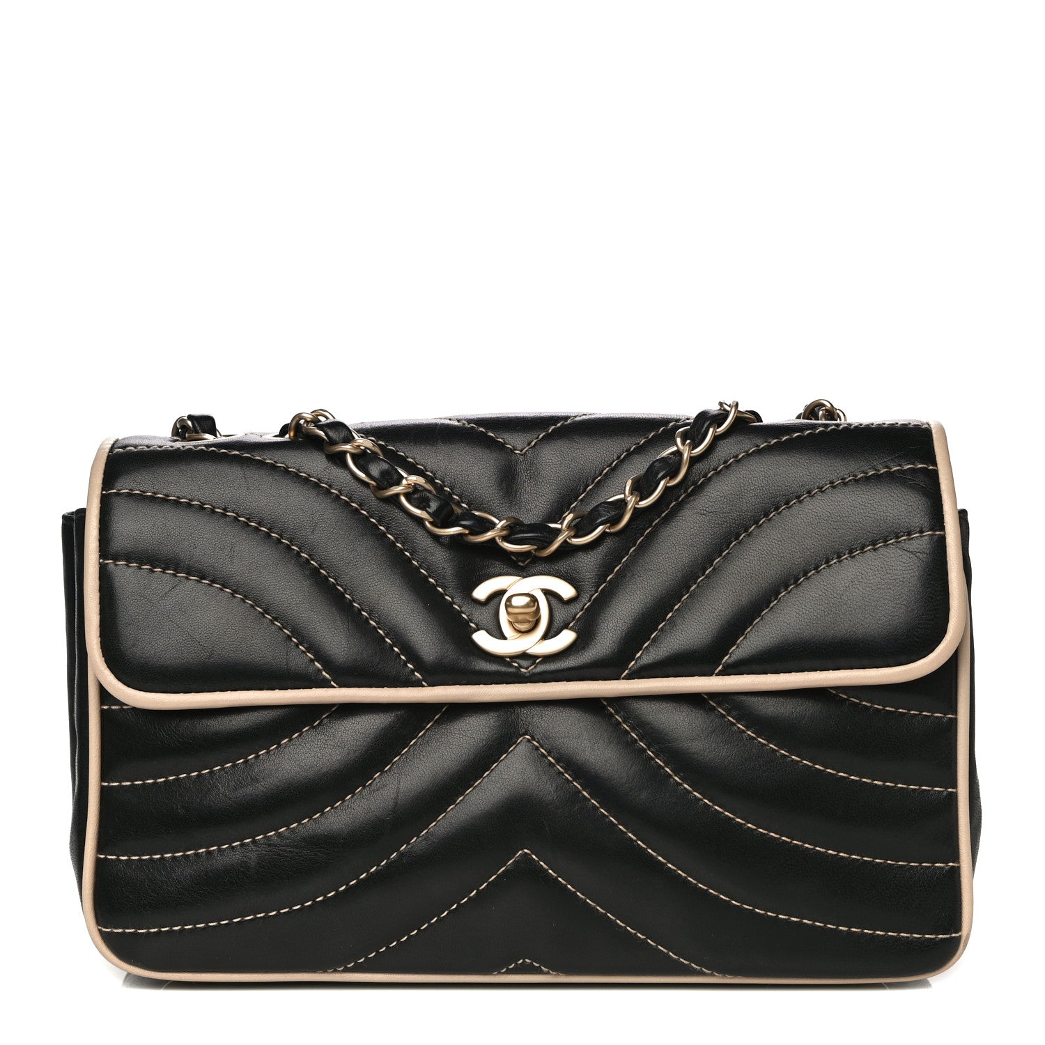 Chanel Lambskin Quilted Single Flap Bag Black Beige 1 of 25