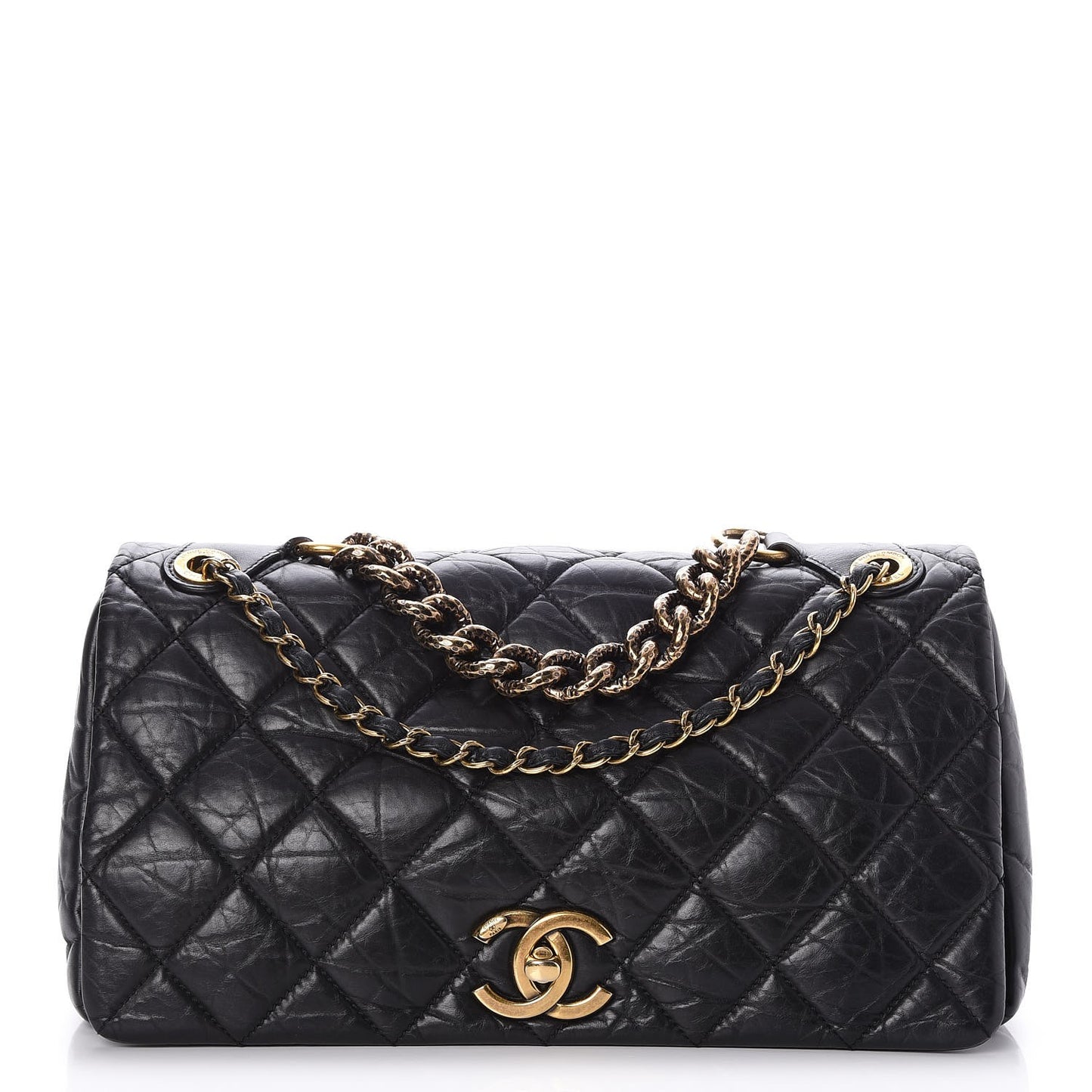 Aged Calfskin Quilted Medium Pondichery Flap Black