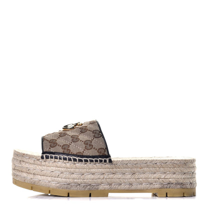 Gucci Monogram Matelasse Diagonal GG Marmont Platform Espadrille Slide Sandals 40.5 Beige Ebony Black 1 of 8