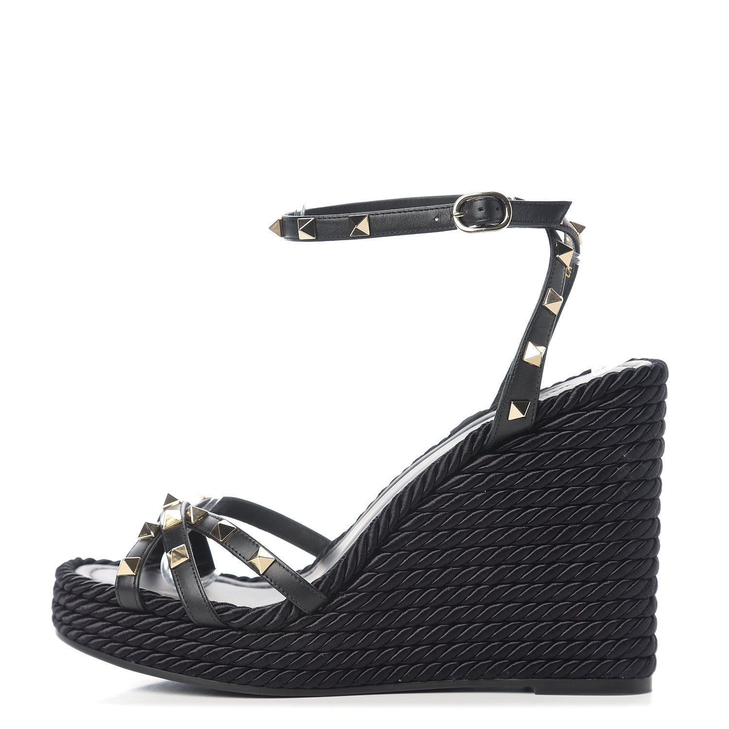 Valentino Garavani Calfskin Rockstud Ankle Strap Torchon Espadrille 25/95mm Wedge Sandals 40 Black 1 of 9