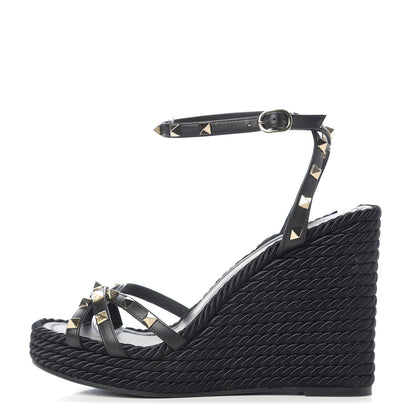 Valentino Garavani Calfskin Rockstud Ankle Strap Torchon Espadrille 25/95mm Wedge Sandals 40 Black 1 of 9