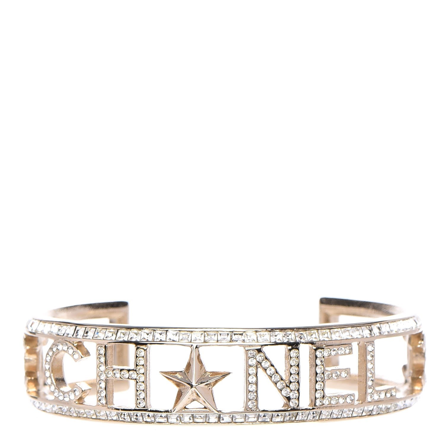 Chanel Crystal Baguette Logo Cuff Bracelet Gold 1 of 6