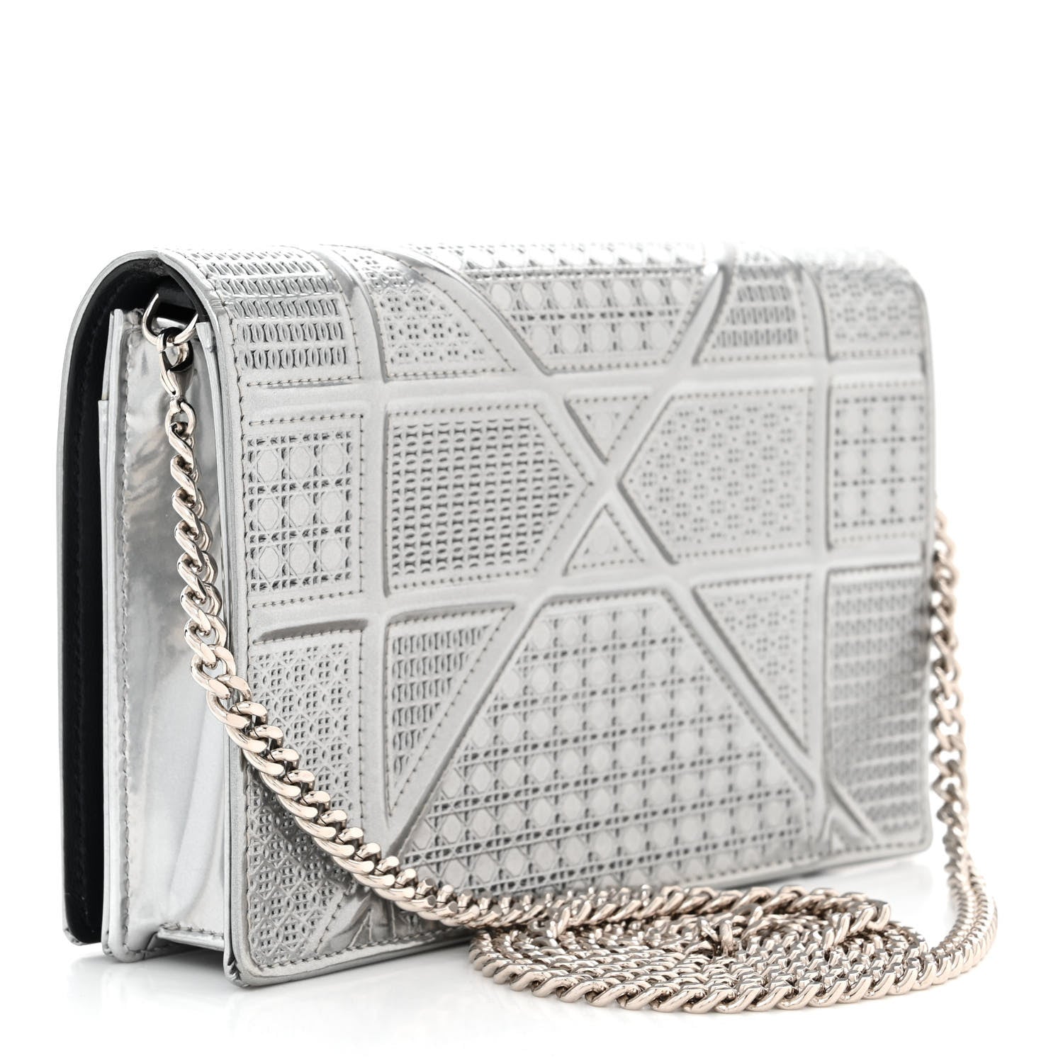 Christian Dior Metallic Patent Micro-Cannage Diorama Wallet on Chain Pouch Silver 3 of 11