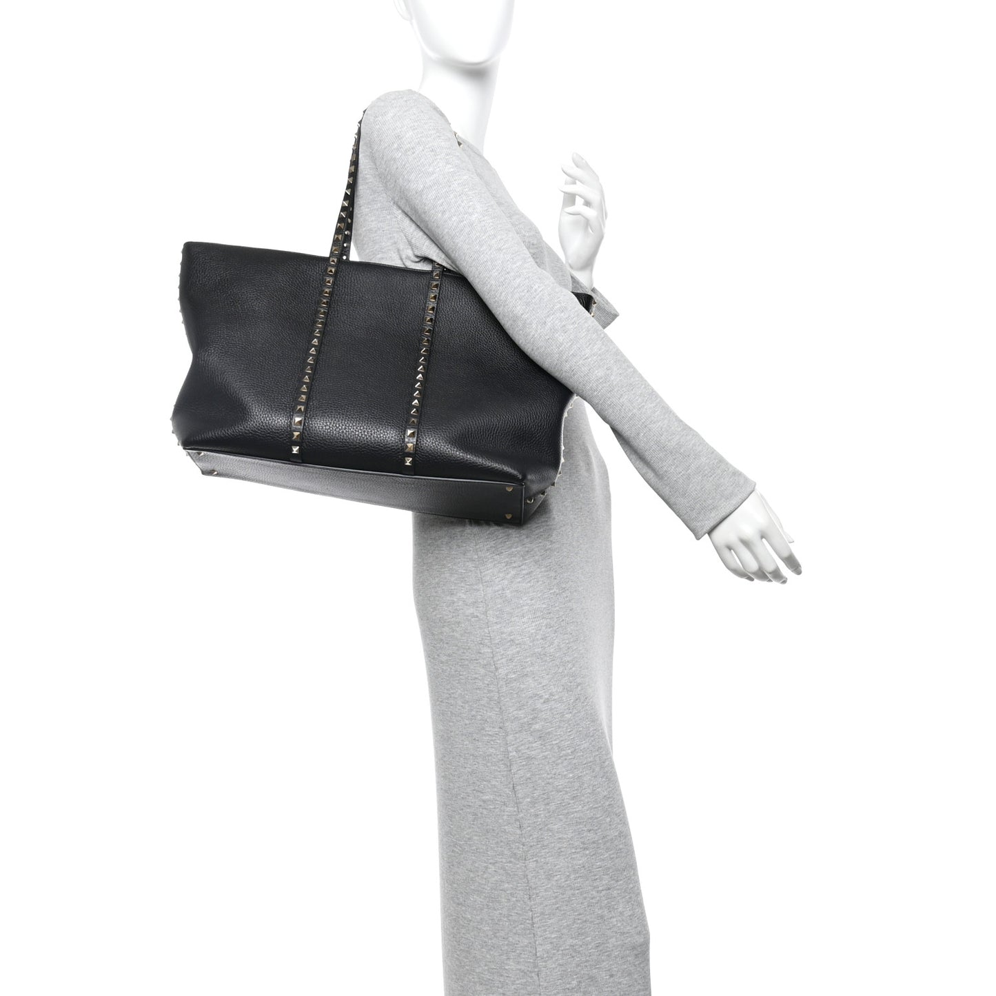 Grained Calfskin Rockstud Shopping Bag Black
