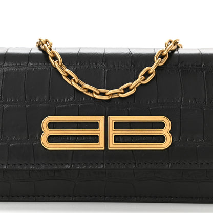 Balenciaga Extra Supple Calfskin Crocodile Embossed Gossip Wallet On Chain Black 9 of 11