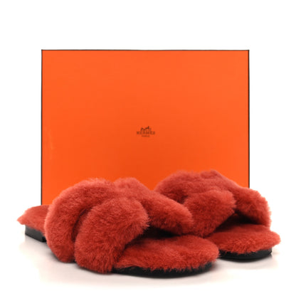 Hermes Woolskin Oran Sandals 37.5 Rouge De Turin 8 of 8