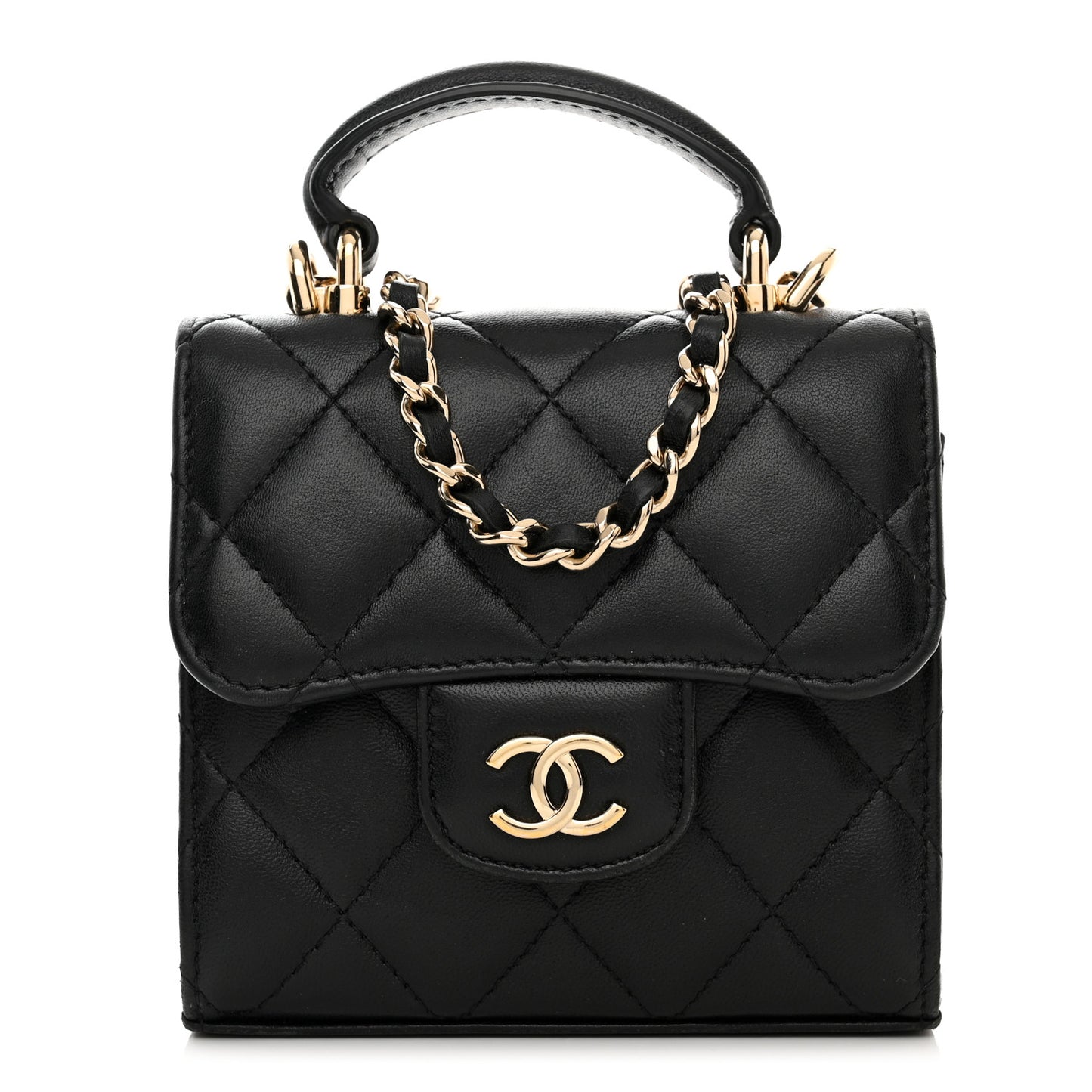 Lambskin Quilted Top Handle Flap Clutch With Chain Black