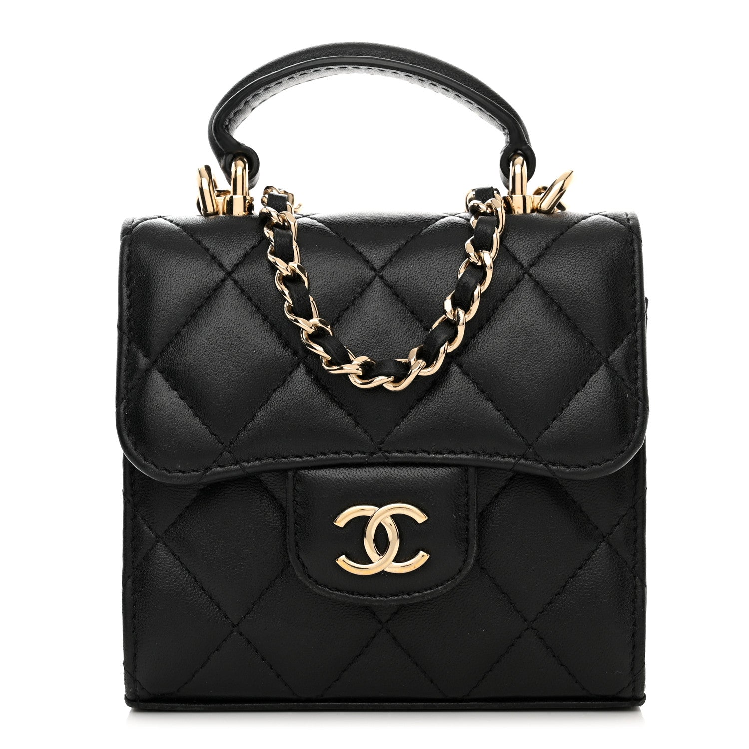 Chanel Lambskin Quilted Top Handle Flap Clutch With Chain Black 1 of 11