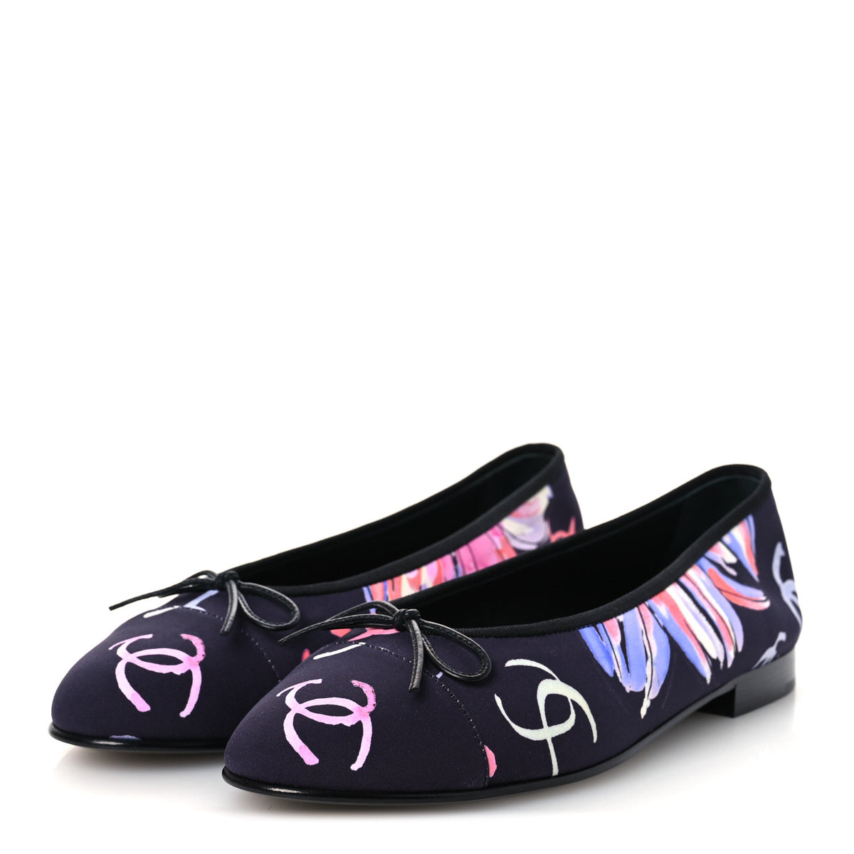 Chanel Printed Stretch Jersey Cap Toe Ballerina Flats 37.5 Black Multicolor 4 of 11