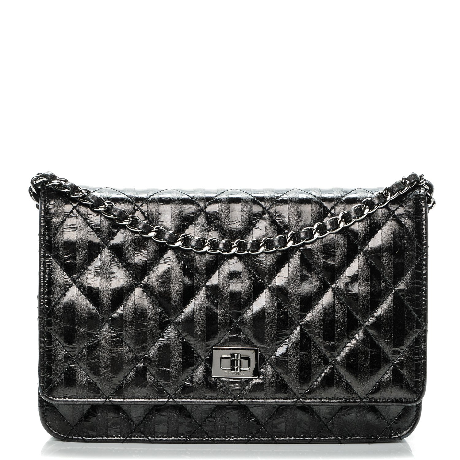 Chanel Aged Calfskin Striped Reissue Wallet On Chain WOC Black 1 of 8