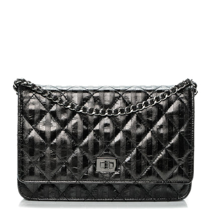 Chanel Aged Calfskin Striped Reissue Wallet On Chain WOC Black 1 of 8