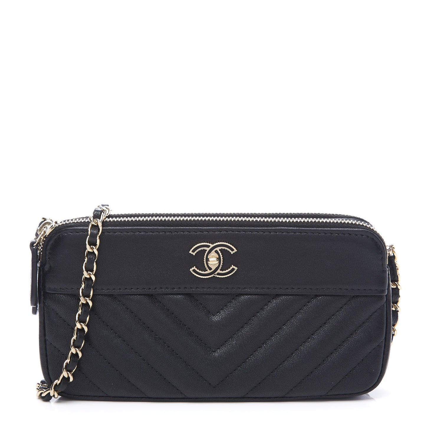 Metallic Sheepskin Chevron Quilted Small Vintage Mademoiselle Clutch With Chain Black