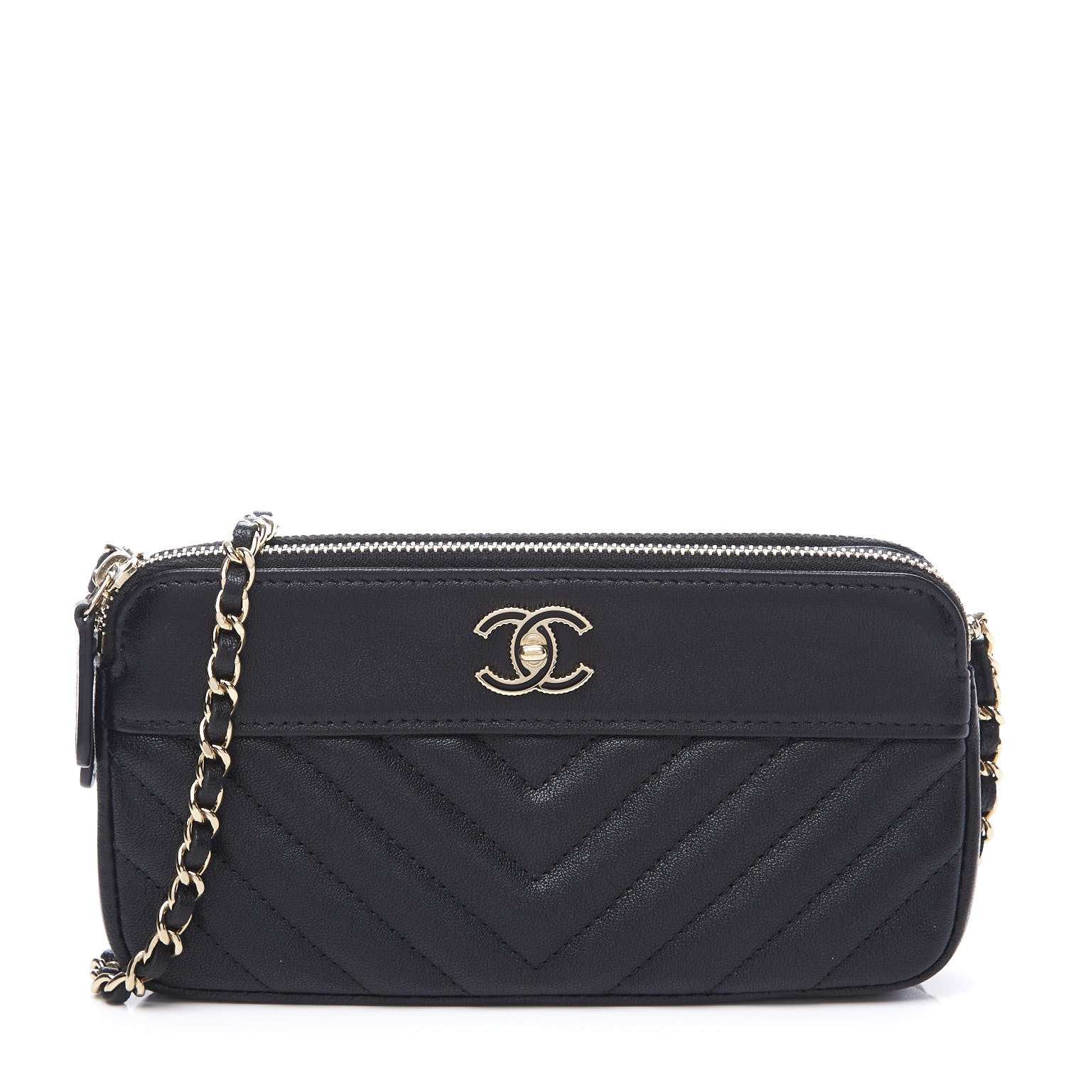 Chanel Metallic Sheepskin Chevron Quilted Small Vintage Mademoiselle Clutch With Chain Black 1 of 13