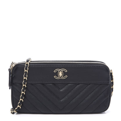 Chanel Metallic Sheepskin Chevron Quilted Small Vintage Mademoiselle Clutch With Chain Black 1 of 13