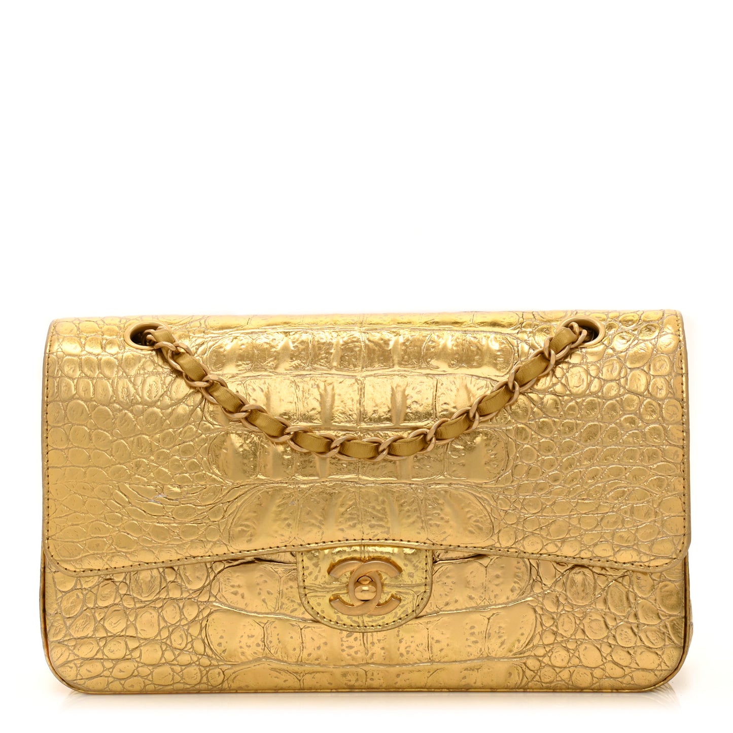 Metallic Calfskin Crocodile Embossed Cocodile Medium Double Flap Gold