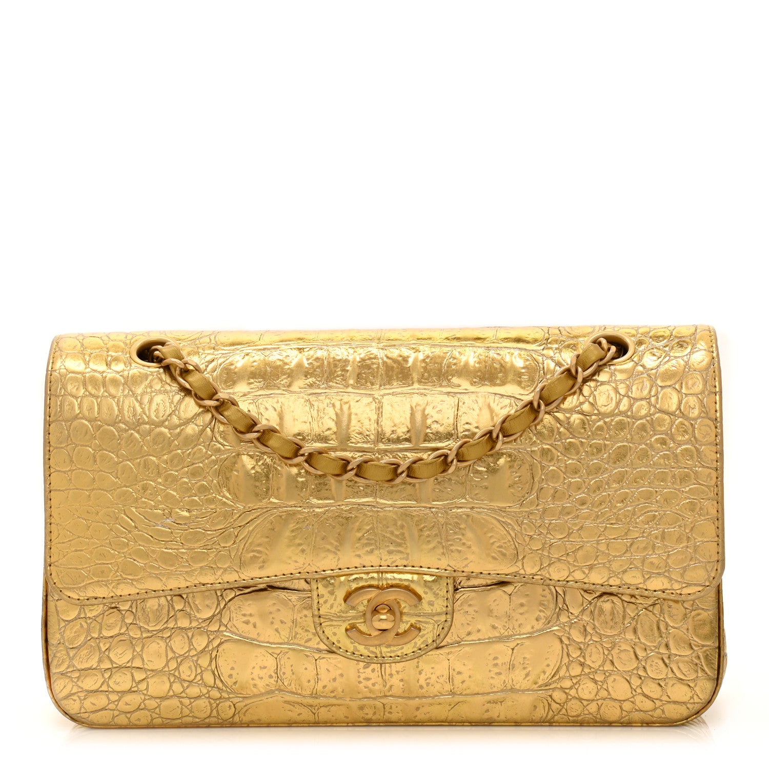 Chanel Metallic Calfskin Crocodile Embossed Cocodile Medium Double Flap Gold 1 of 11