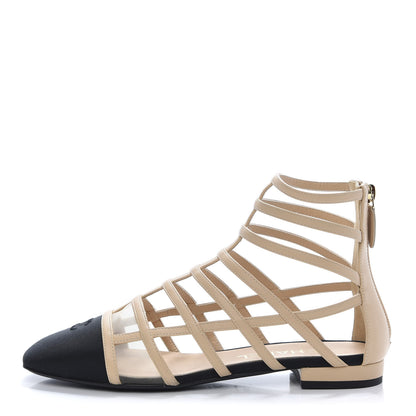 Chanel Goatskin Grosgrain Cap Toe CC Gladiator Sandals 37.5 Beige Black 1 of 9