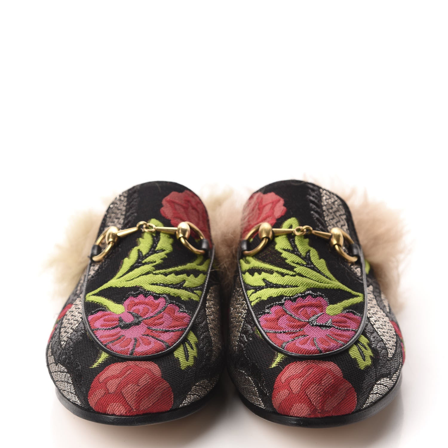 Gucci Brocade Fur Floral Womens Princetown Slippers 35 Black Anthracite 2 of 10