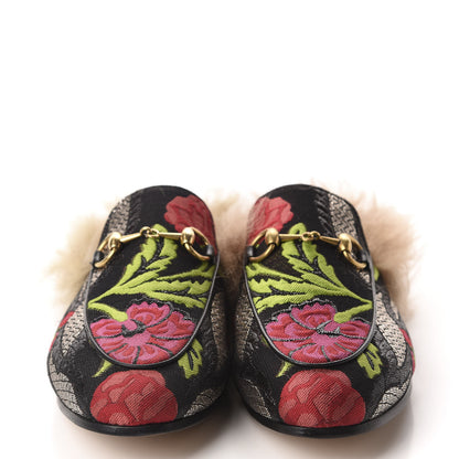 Gucci Brocade Fur Floral Womens Princetown Slippers 35 Black Anthracite 2 of 10