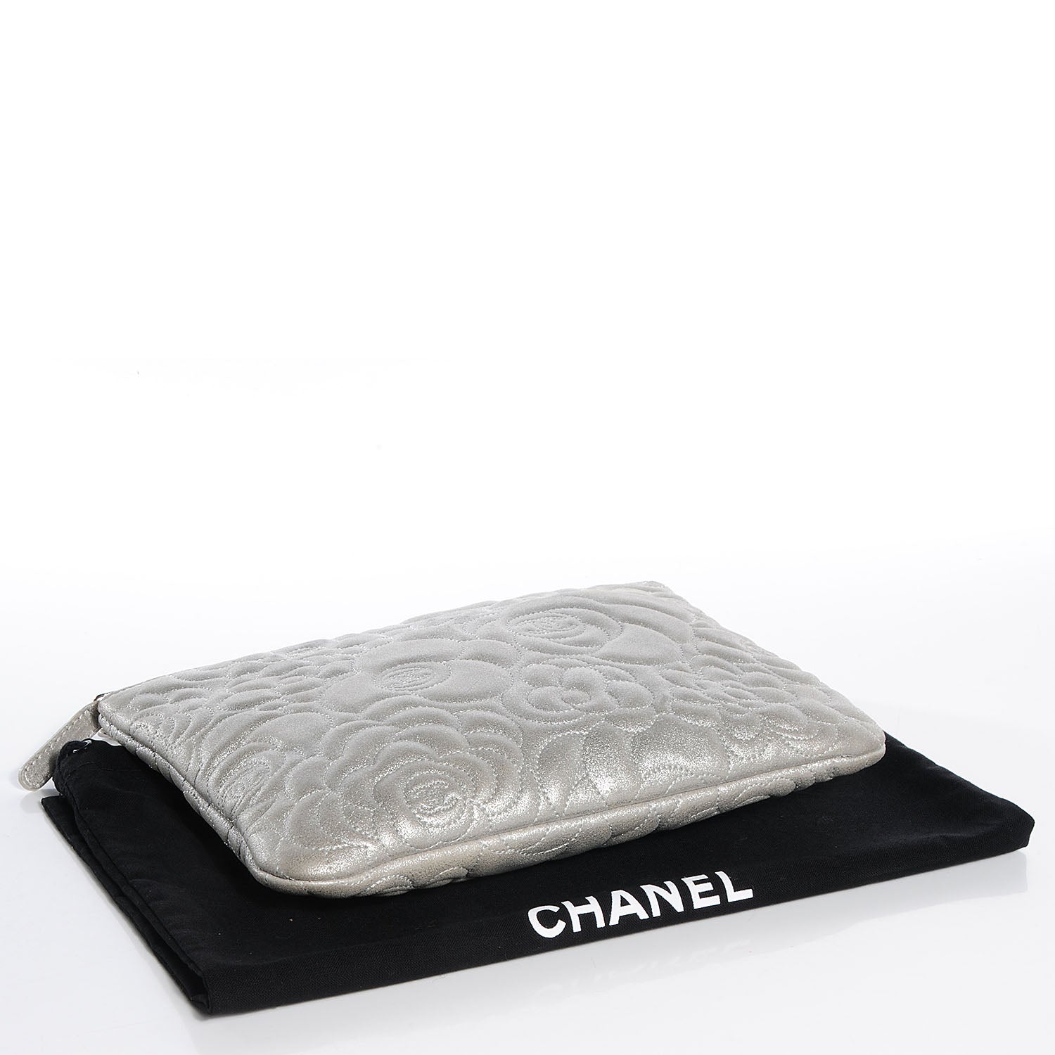 Chanel Goatskin Camellia Stitched Medium Cosmetic Case Silver 4 of 9
