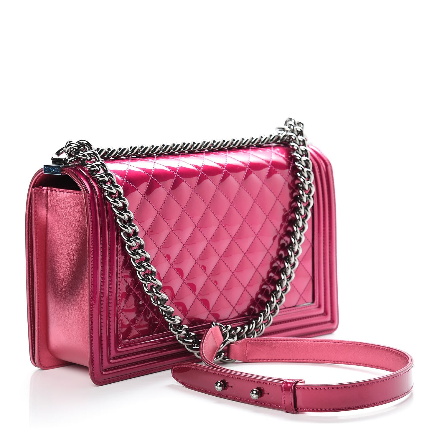 Chanel Metallic Patent Quilted New Medium Boy Flap Fuchsia 3 of 16