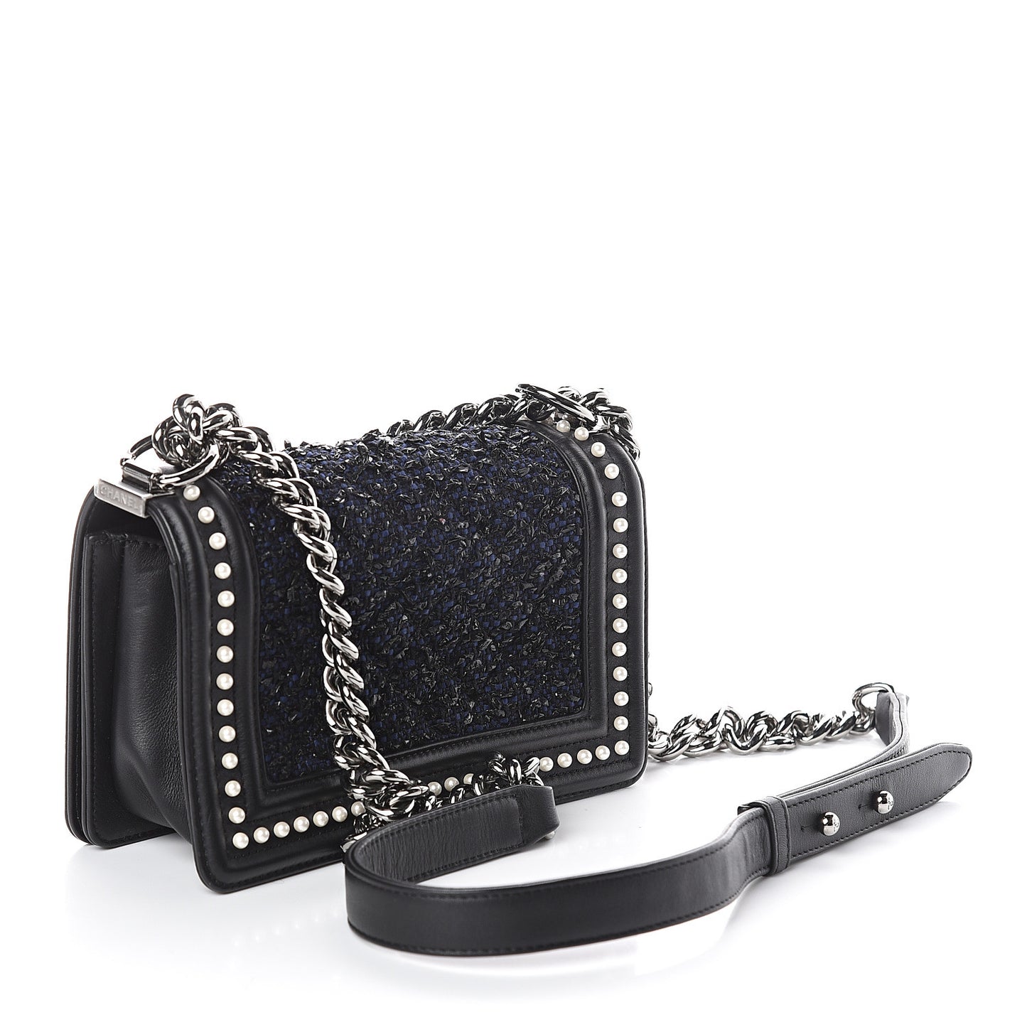 Calfskin Pearl Tweed Small Boy Flap Black